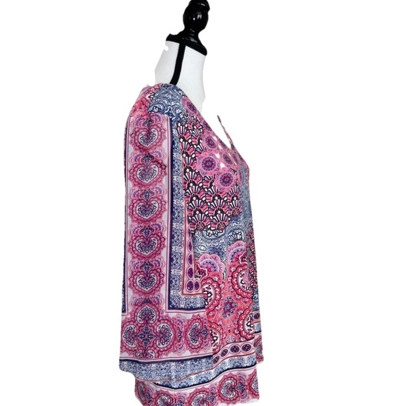 Chico's Tunic Blouse 3/4 Bell Sheer Sleeves Pink Blue Size 1 (medium) Lagenlook - Picture 2 of 6